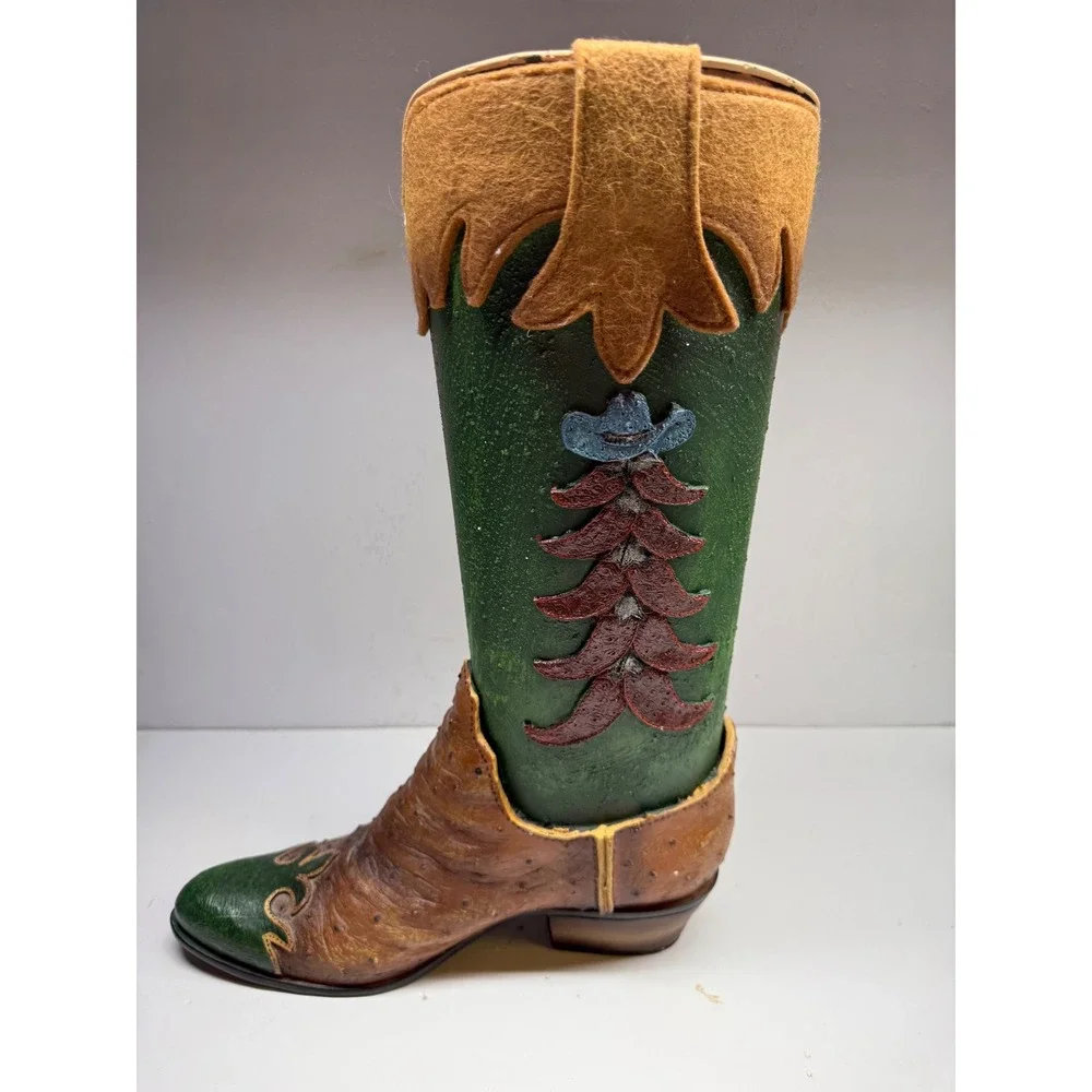 Western Cowboy Boot Decorative Planter Vase GreenBrown Ostrich Print ChiliPepper